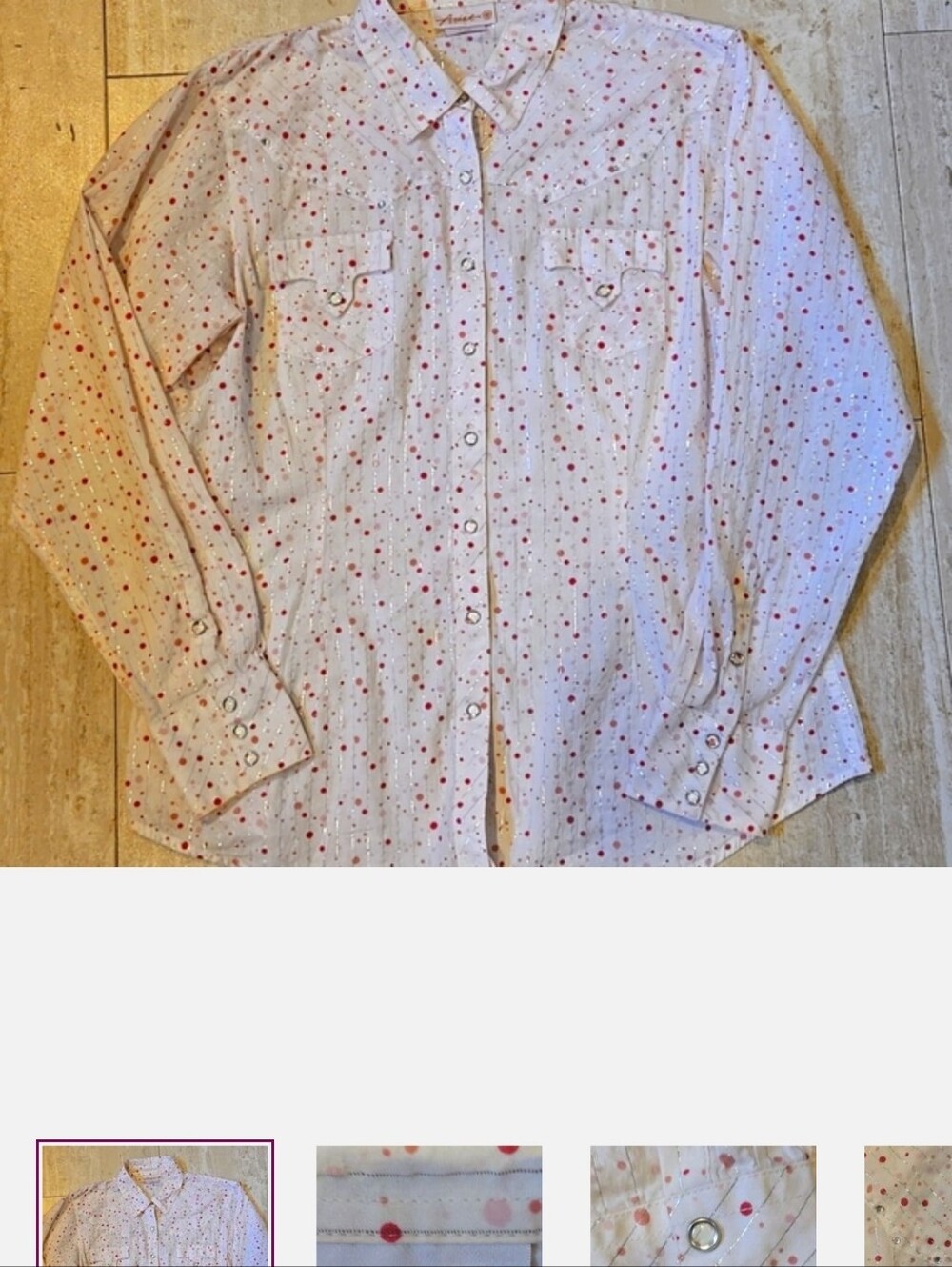 Ariat Western Cowgirl Light Pink Metallic Polka Dot Rhinestone Accent Blouse